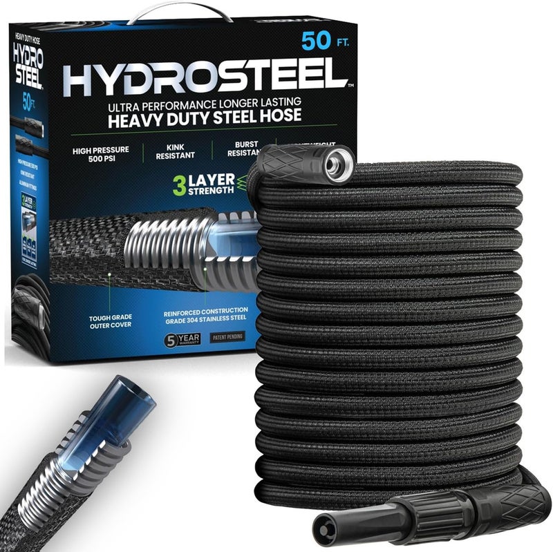 Emson Hydrosteel 50 Ft Garden Hose, 304 Stainless Steel Metal Water Hose 50Ft, Ultra Durable Flexible Lightweight Crush Resistant Fittings Kink & Tangle Free 5/8” Inner Diameter, 500 PSI AS SEEN ON TV - Image 1